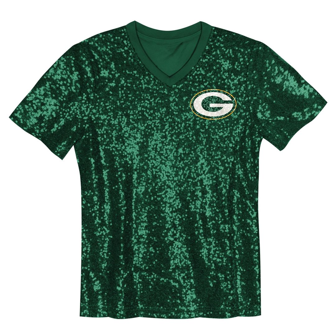 Love Green Bay Packers Girls Youth Sequin V-Neck Fashion Jersey - Green