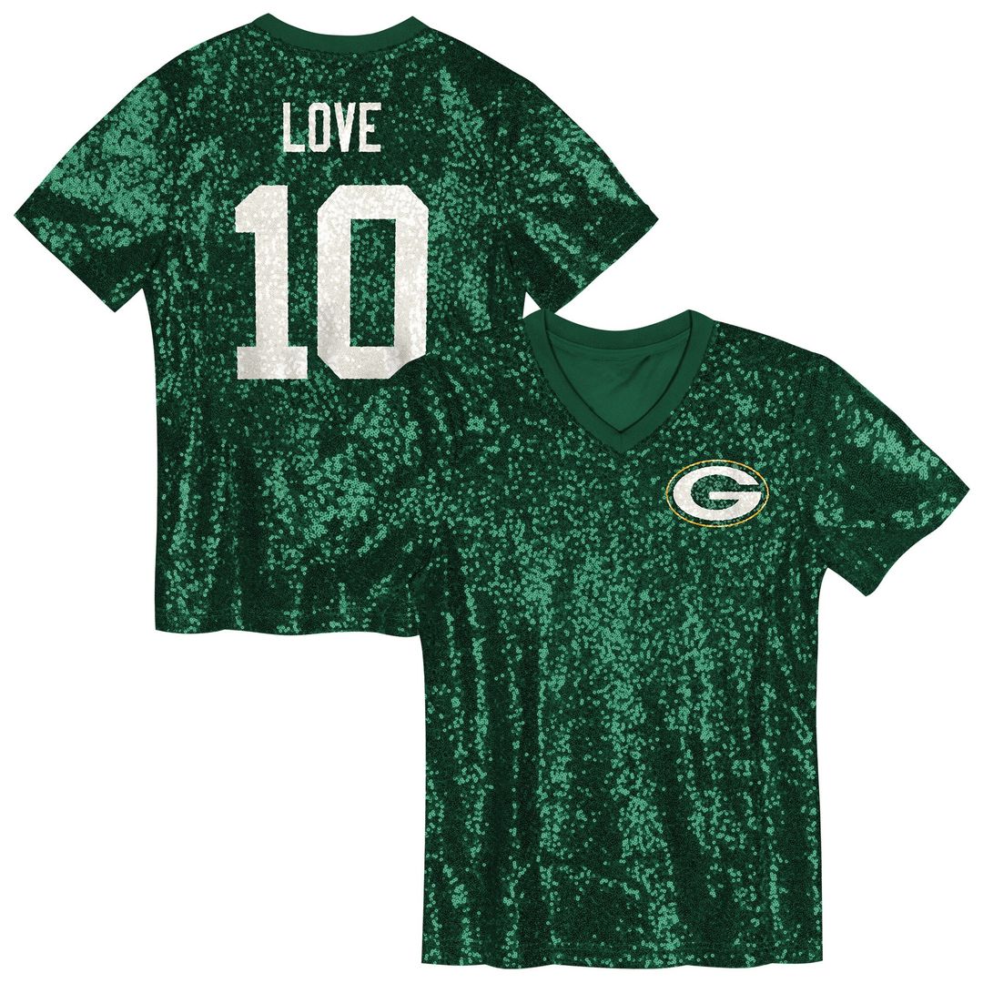 Love Green Bay Packers Girls Youth Sequin V-Neck Fashion Jersey - Green