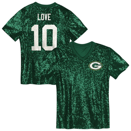 Love Green Bay Packers Girls Youth Sequin V-Neck Fashion Jersey - Green